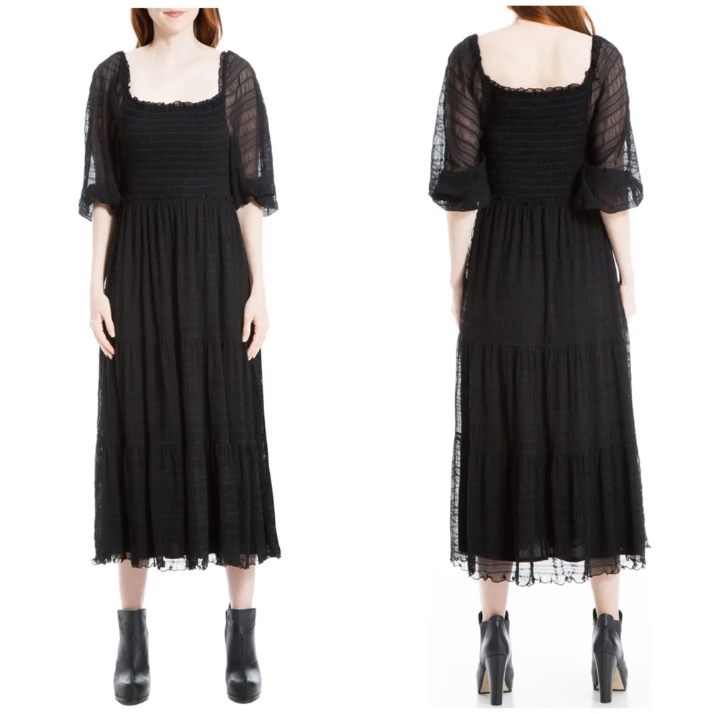 Max Studio Square Neck 3/4 Sleeve Smocked Midi Dress